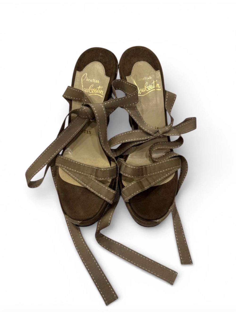 Vintage Christian Louboutin Taupe Suede Wrap Lace-Up Sandals